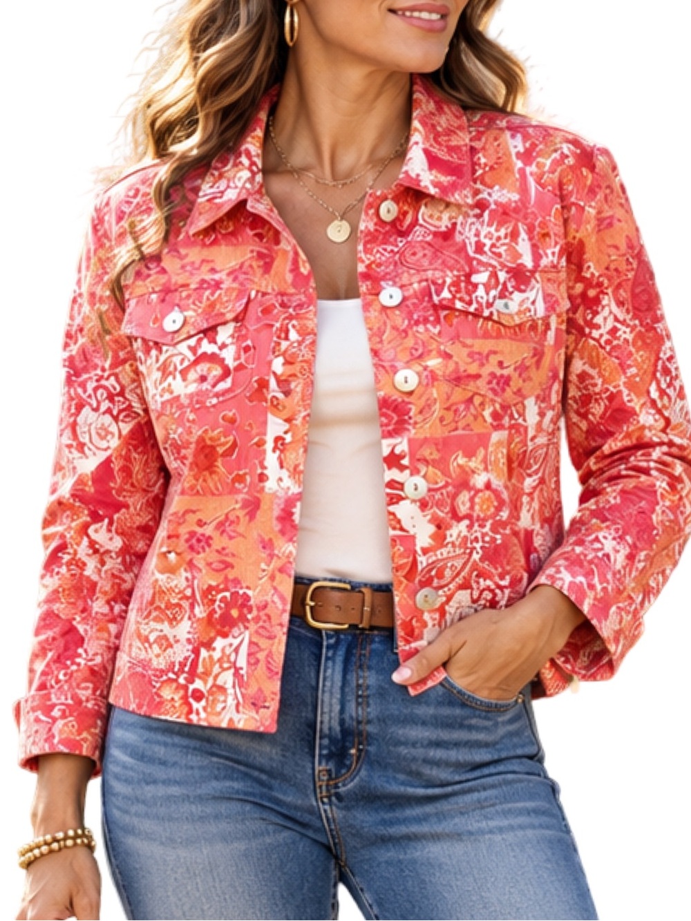Coldwater Creek Coral Patchwork Paisley Floral Cotton Jacket Small